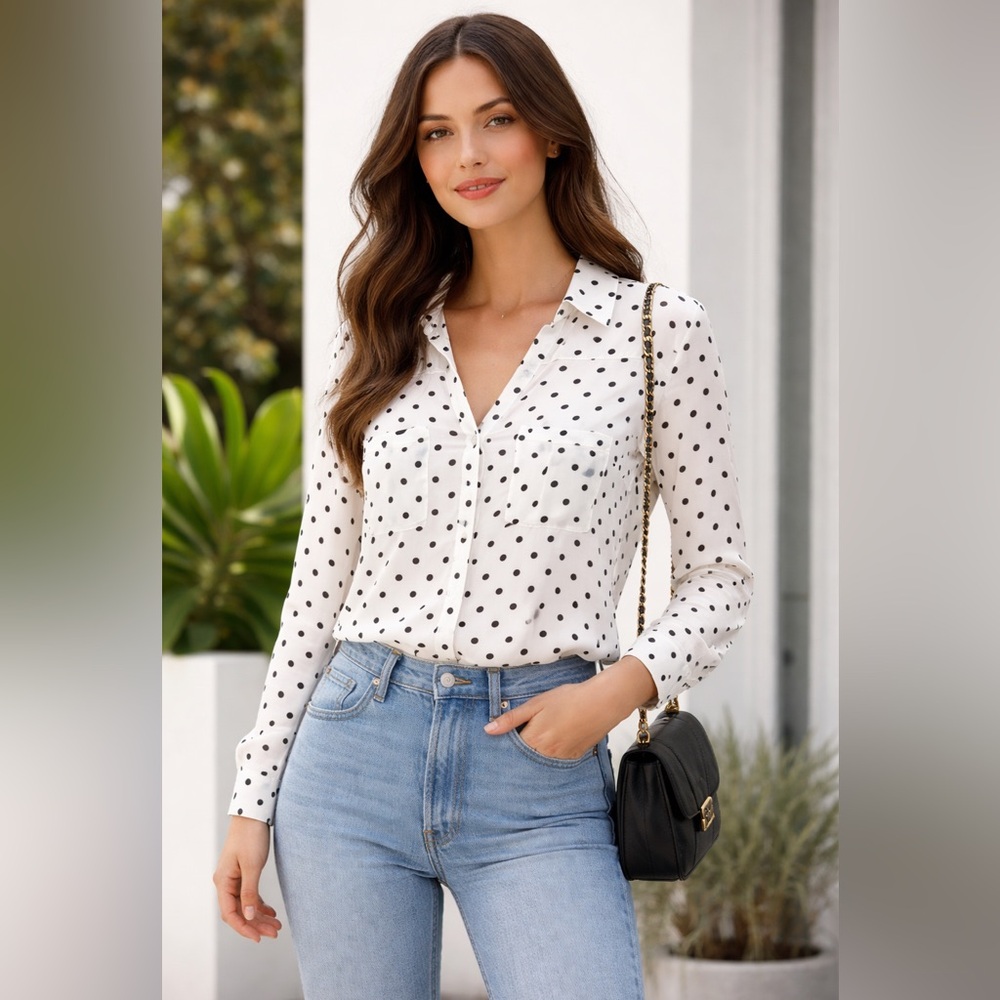 Express Women's Button Down Shirt - White with Black Polka Dots